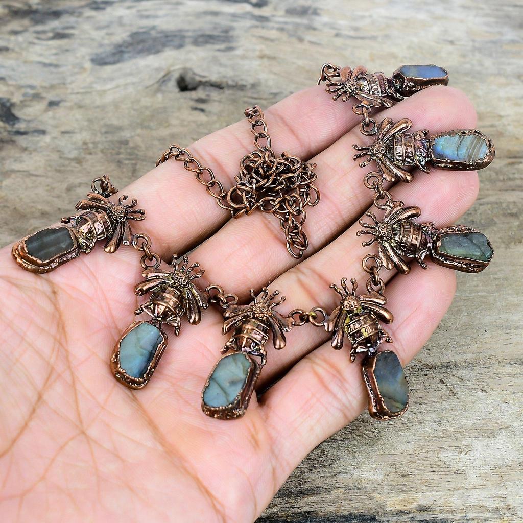 Labradorite Rough Gemstone Necklace Electroformed Copper Adjustable Chain Necklace Handmade Copper Jewelry Honey Bee Necklace Gifts for Mom