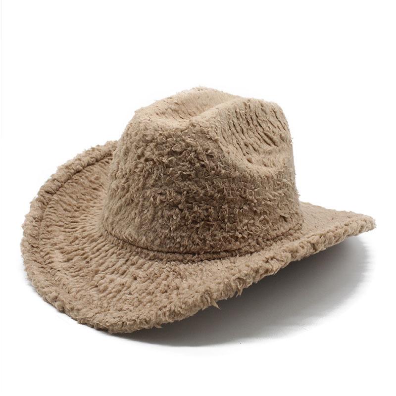 Plush Western Cowboy Hat Woolen Hat Men'S And Women'S Top Hats Big Eaves Thermal Felt Hat