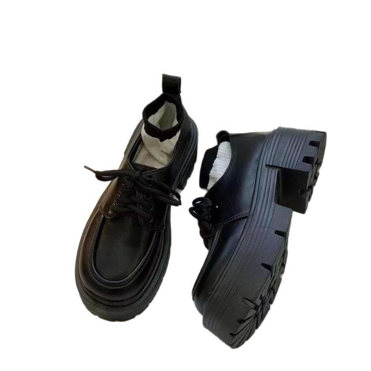 Retro British Style Black Platform Small Leather Shoes Women's 2025 Autumn New Thick Heel Small Height Increase Versatile Single Shoes