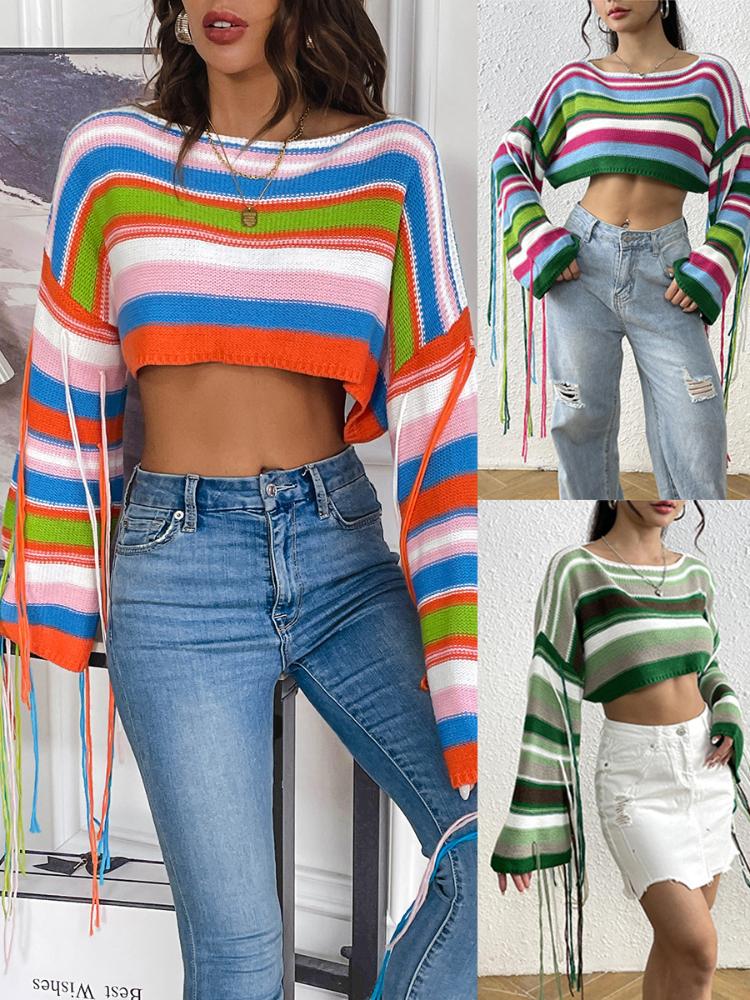 Women's Rainbow Stripe Tassel Knitted Sweater Sexy Ultra Short Open Umbilical Loose Sweater