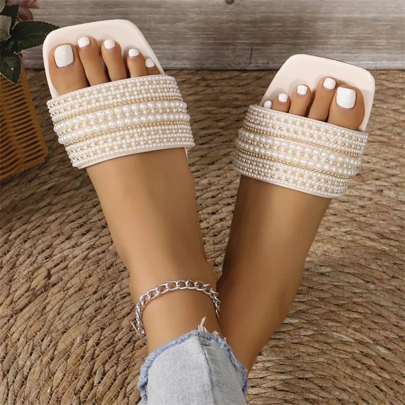summer fashionable sexy light casual women's shoes large size comfortable square head pearl decoration solid color flat slippers