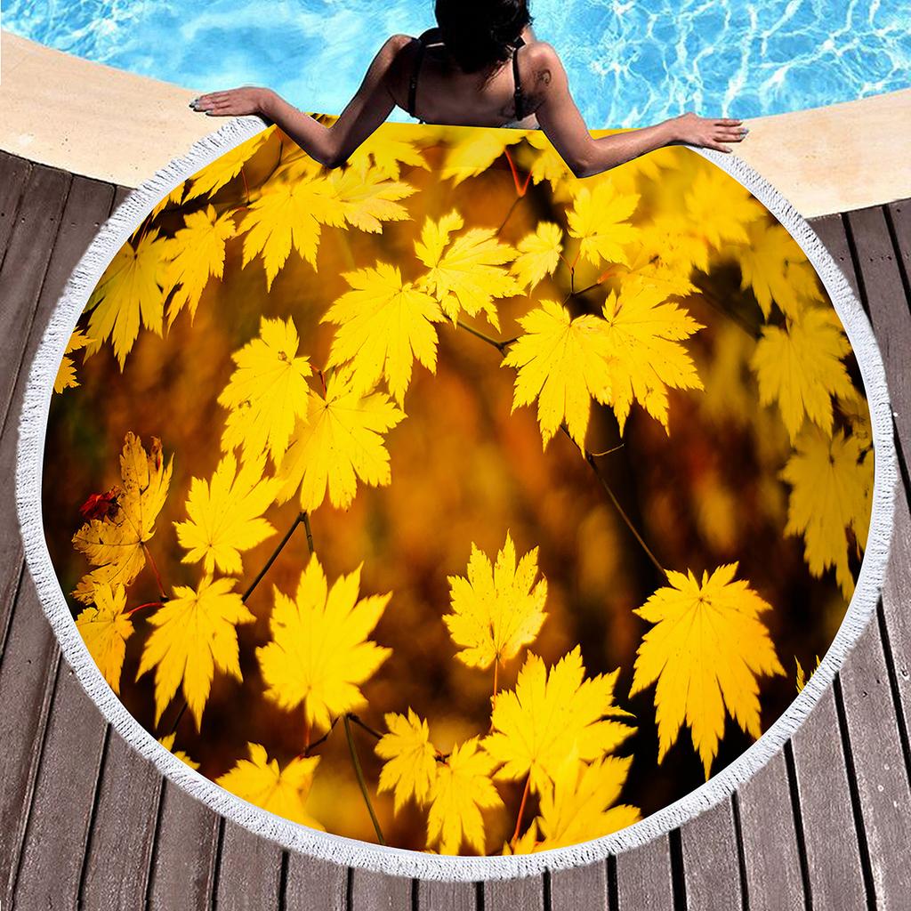 Green Yellow Leaves Print Round Beach Towel,Microfiber Circle Beach Towels Sand Free Quick Dry Picnic Yoga Mat Circle Tablecloth