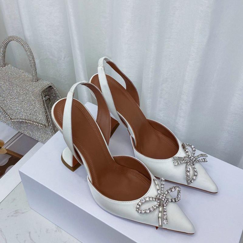 Fashion Pointed Middle And Back Empty Silk Sandals Women'S Net Red With Crystal Bow Stiletto Heels
