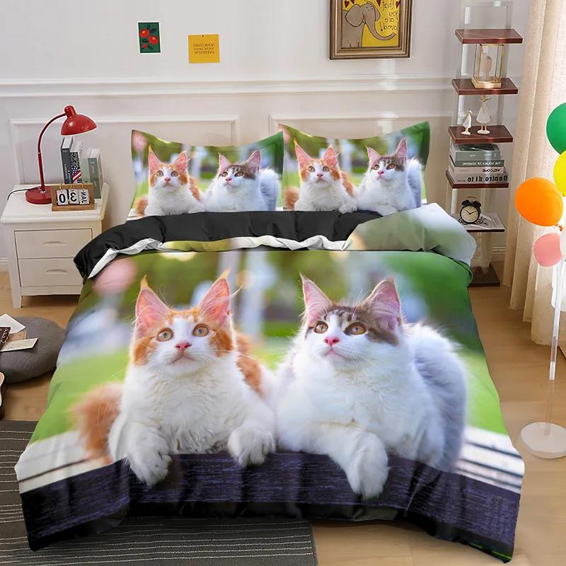 Pet Animal Bedding Set Cute Cat Bedding For Kids Quilt Cover Pillowcase Comforter Cover Kawaii Kitty Soft Polyester Duvet Cover