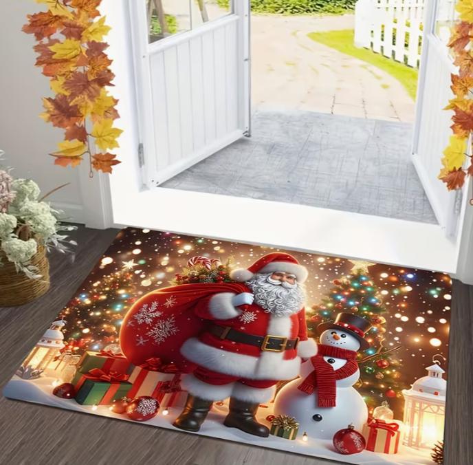 Merry Christmas Santa Claus Doormat- Vintage Polyester, Machine Washable Non-Slip Bottom, Absorbent Sponge Layer, Home Entrance