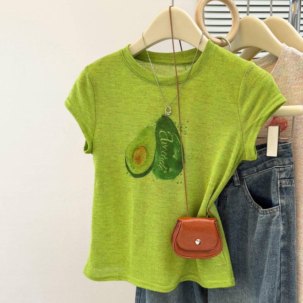 Women's 2025 Summer Slimming Printed Round Neck T-Shirt with Straight Shoulder Design and Short Sleeves