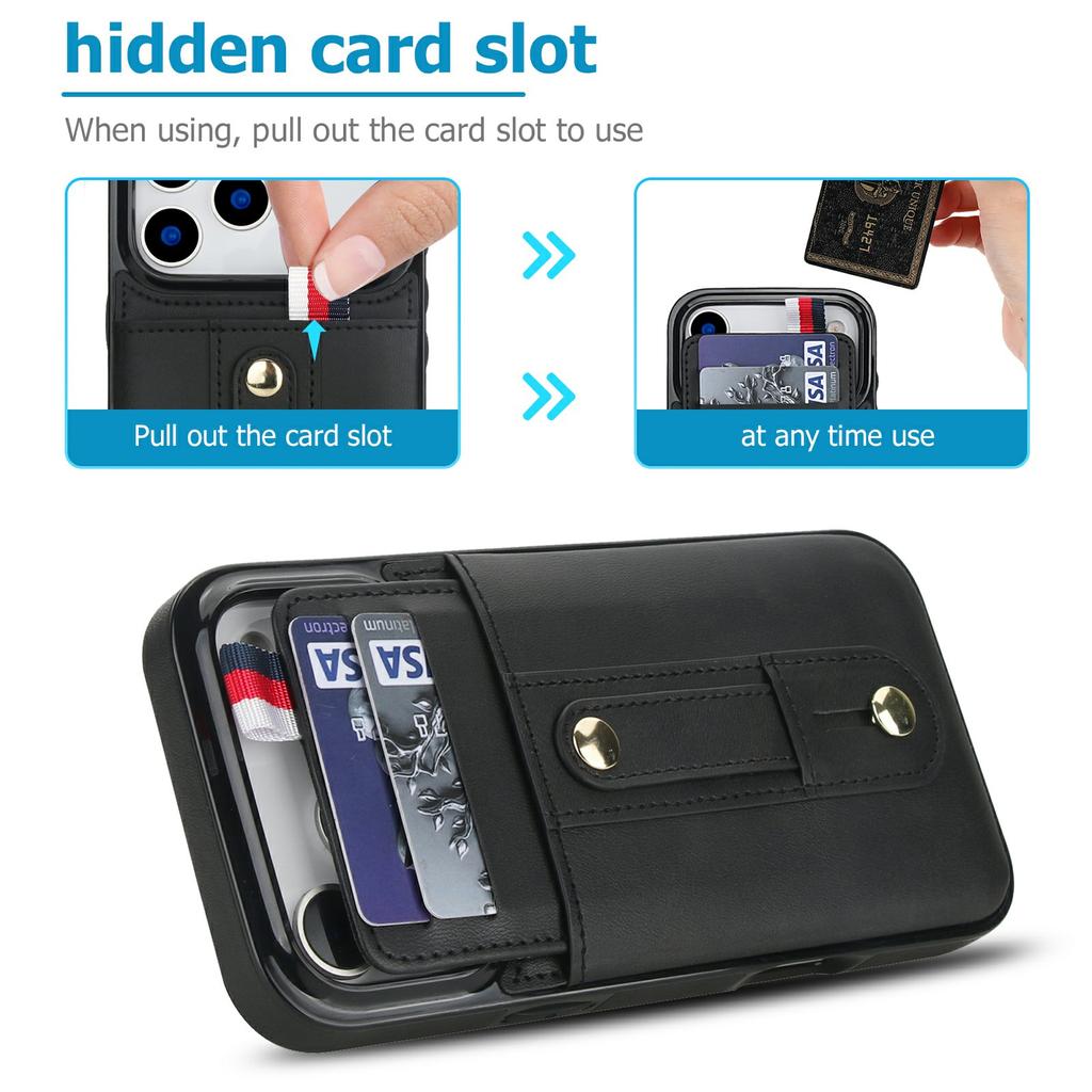 For iPhone 17 Pro Case PU Leather+TPU Hidden Card Holder Drop-proof Phone Cover with Kickstand