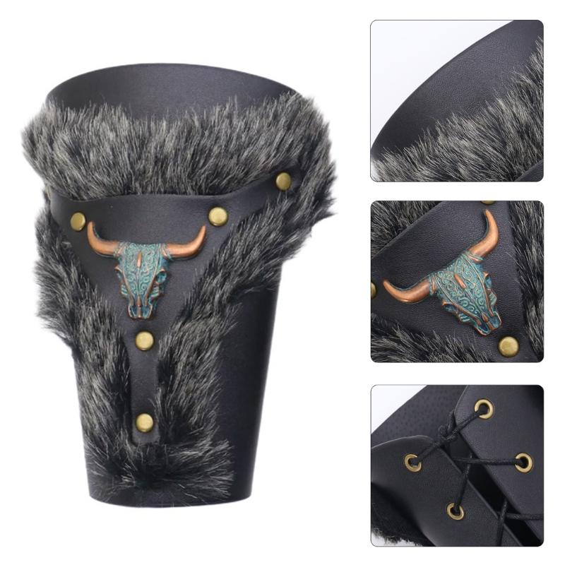 Medieval Wristband Men Cosplay Furred Arm Guard Gauntlet Bracer for Men Cosplay PU Arm Guard for Photoshoots and Stage
