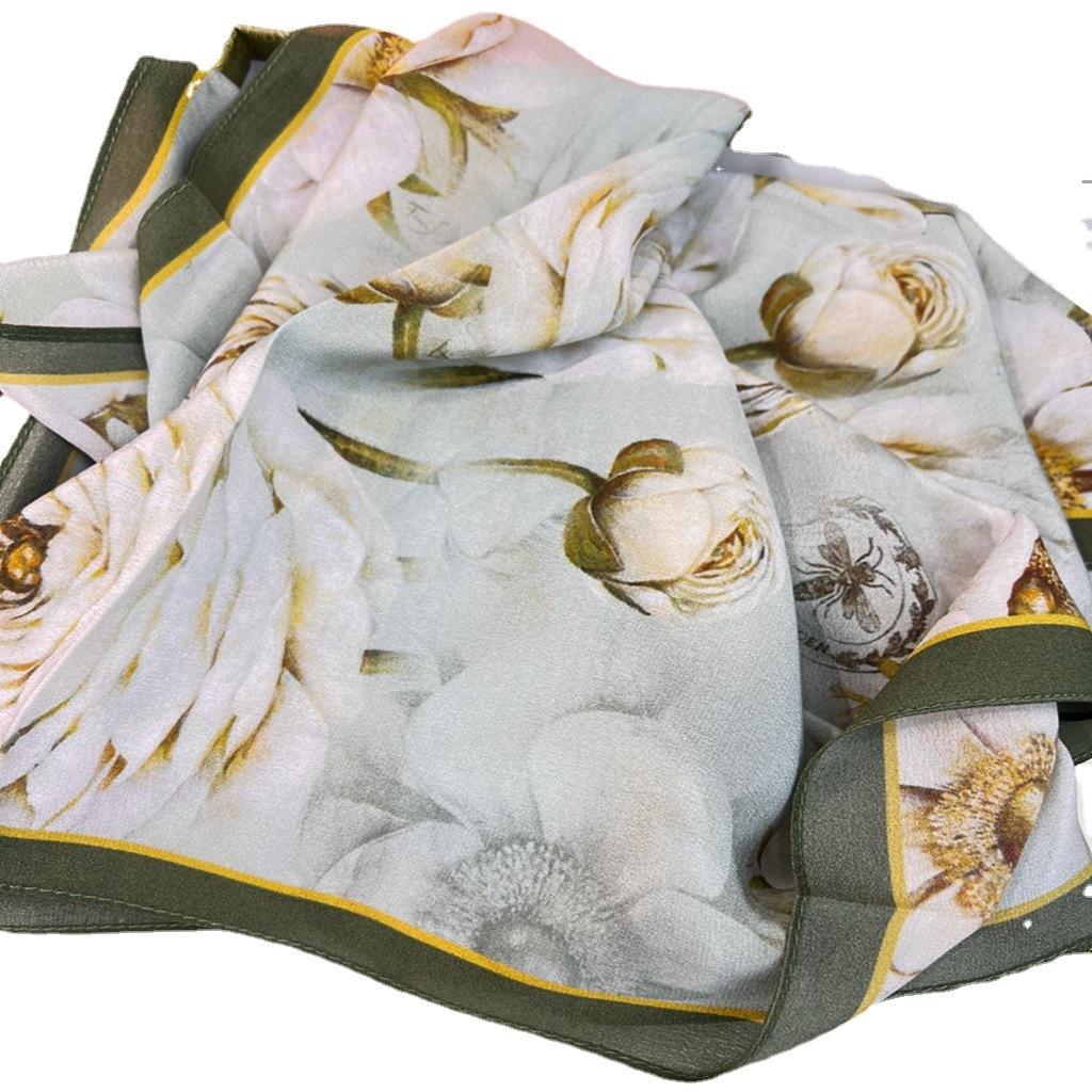 Fresh Magnolia Mint Silk Double Crepe Mulberry Silk Silk Scarf Women'S Spring Summer Versatile Small Long Scarf Shawl