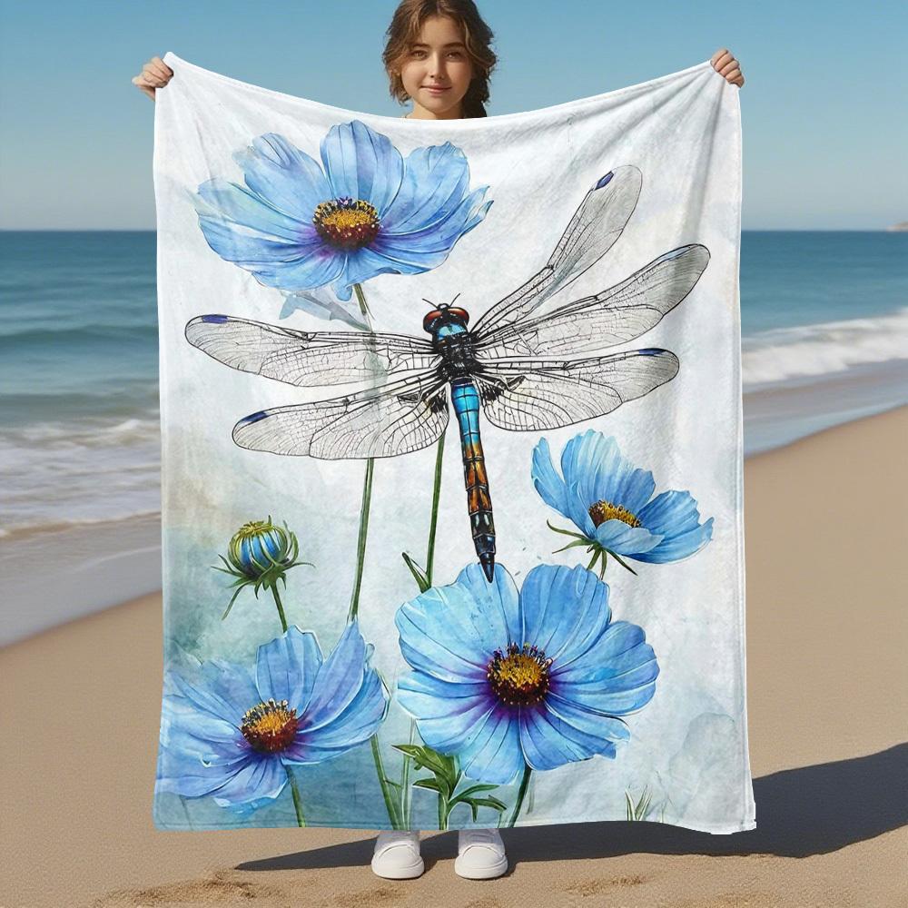 1PC Dragonfly FlowersOutdoor Flannel Blanket - Soft Plush Decor for Picnics, camping, Bedroom, Playroom, Office, or Lunch Break 1224A
