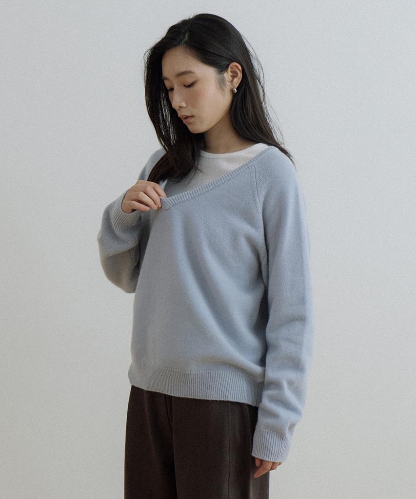 LINGSEOUL Deep V-Neck Wool Knit-Sky Blue