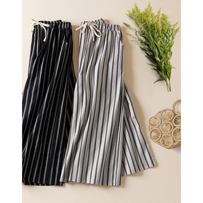 

Real summer new literary loose linen striped wide-leg pants women s elastic waist lace-up large-size casual pants M чорний