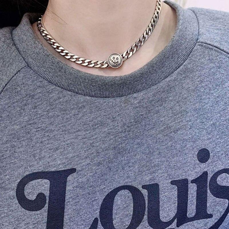 925 Sterling Silver Thick Chain Necklace Fashion Hip Hop Vintage Couples Simple Smiley Face Design Party Jewelry Choker