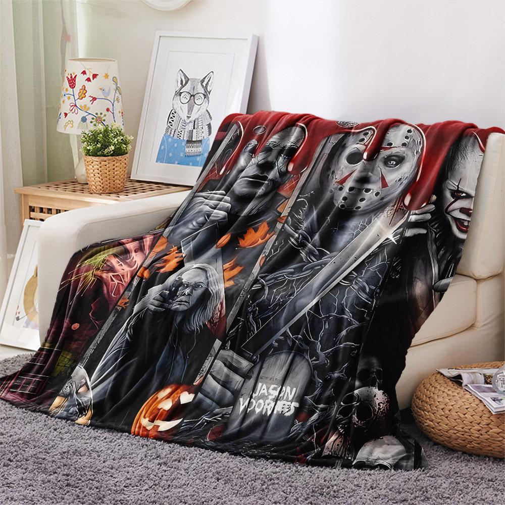 1 szt. Koc flanelowy z nadrukiem z filmu grozy, Wysokiej jakości, Wygodny na wszystkie pory roku, Wystrój domu, Ciepło i komfort, Idealny na prezenty świąteczne