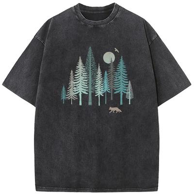 Outdoor Forest Fox Men Washed T-Shirt Cotton Summer Loose Casual Bleached Tshirt Novelty Fashion Bleach T Shirt Tops Tee