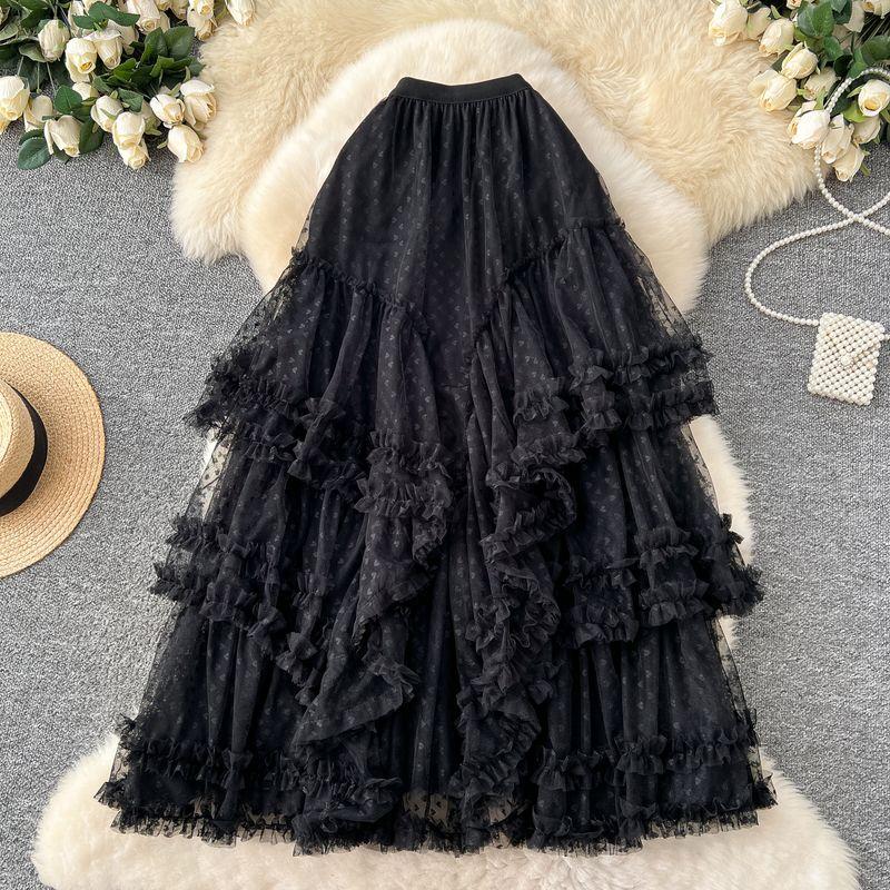 

Fairy Skirt 2025 Early Spring New Arrival Gentle Fancy Slim Looking Heart Mesh Asymmetrical Bubble Skirt Black All yards