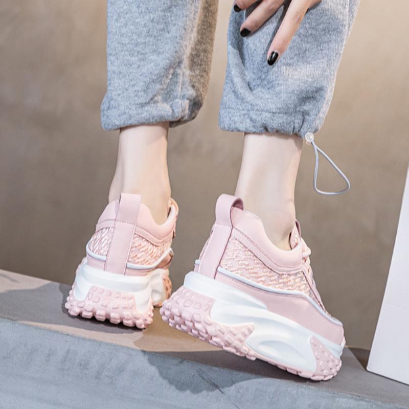 Sommar Andningsbara Nätskor Dam Läder Inre Höjdökning Pappa Skor Tjocka Sulan Mångsidiga Vardagliga Små Vita Skor