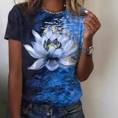 Loose Plus Size Sweet Floral 3D Printed Round Neck Short Sleeved Summer T-Shirts Women’s