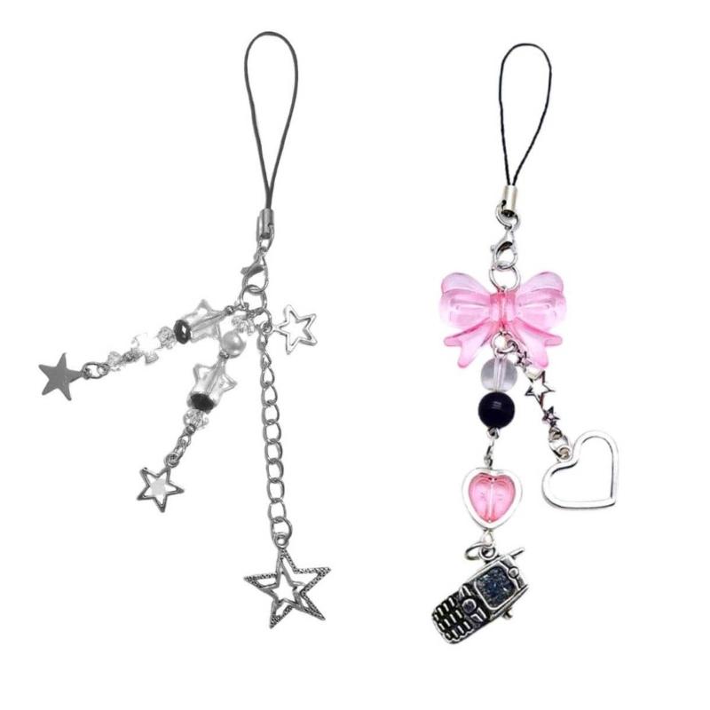 2pcs Star Phone Bowknot Phone Charm Straps Car Keys Hanging Pendants Y2K Bag Decoration Lanyard Purse Accessories 1