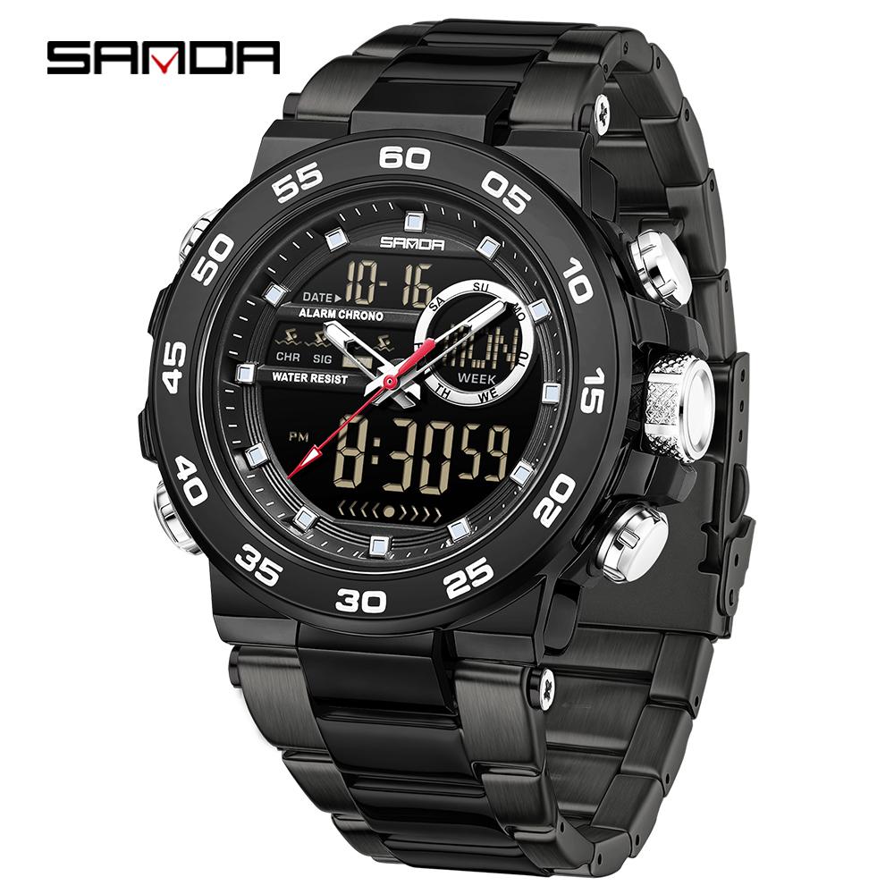 SANDA 6296 Three Pin Men's Electronic Watch Fashionable Men's Electronic Watch Sports Multifunctional Waterproof Large Dial