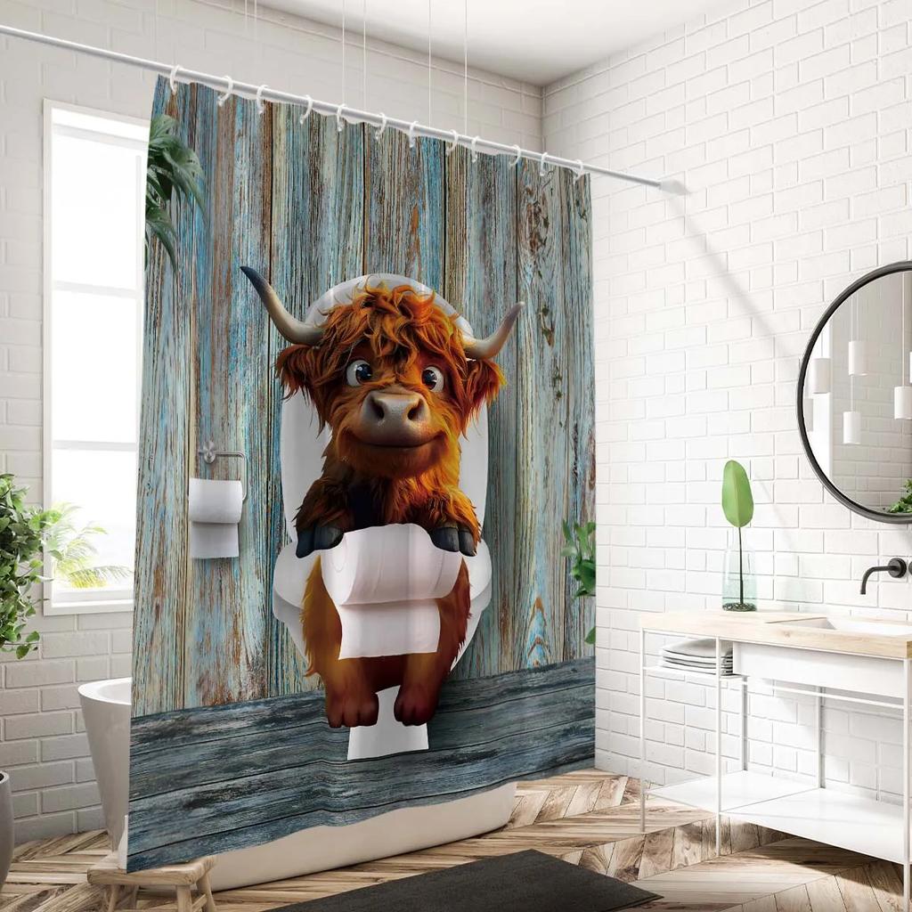 1PC Cattle In Toilet Pattern Printed Shower Curtain, Waterproof, with 12 Hooks, Bathroom Showers, Bathtub, Home Use