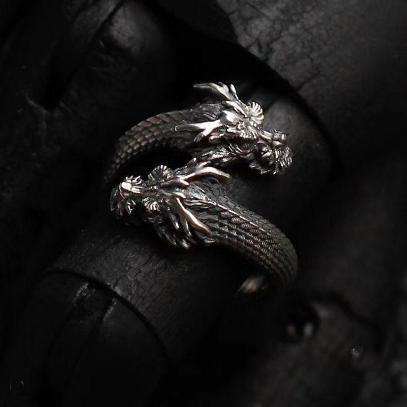 Imitation Ring Unisex Ring Niche Design High-End Double-Headed Dragon Panlong Jewelry National Trend Premium Durable