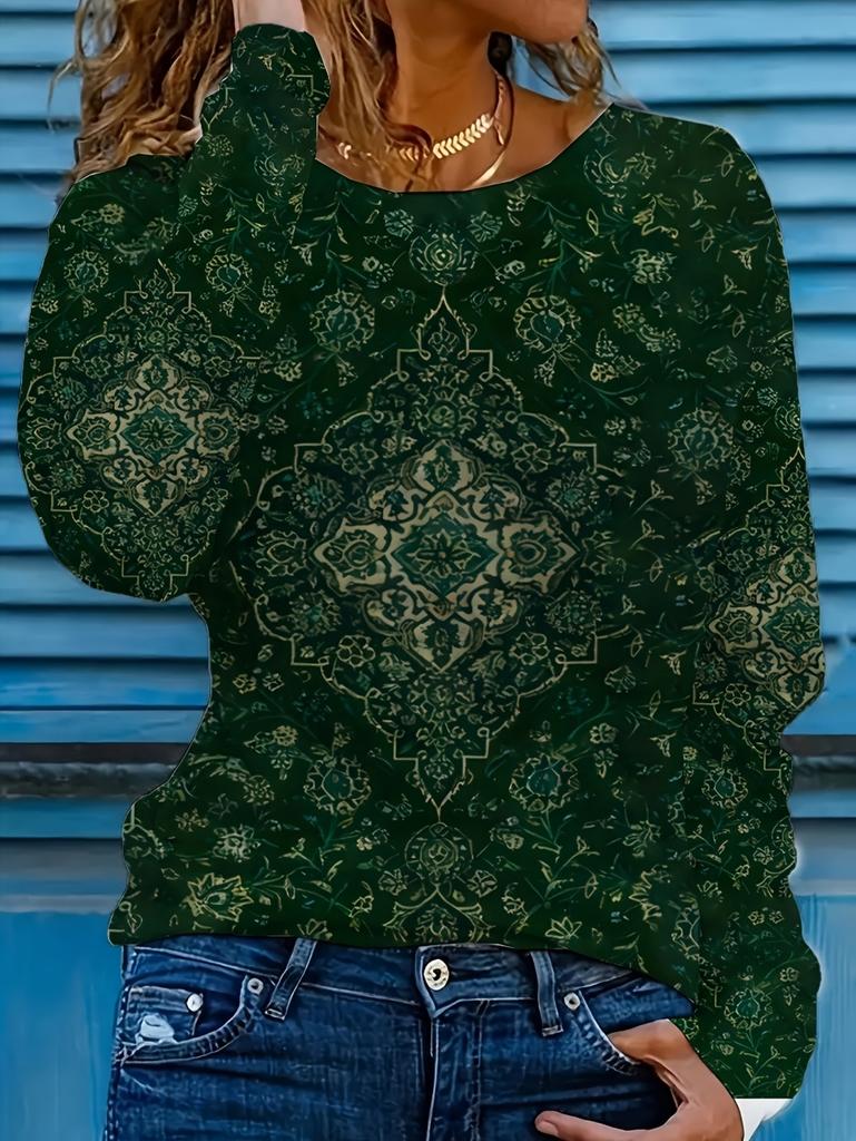 Women's T-Shirts Spring Autumn Bohemian Style Fashion Casual Vintage Pattern Female Long Sleeve T-Shirt Loose Womens Clothing