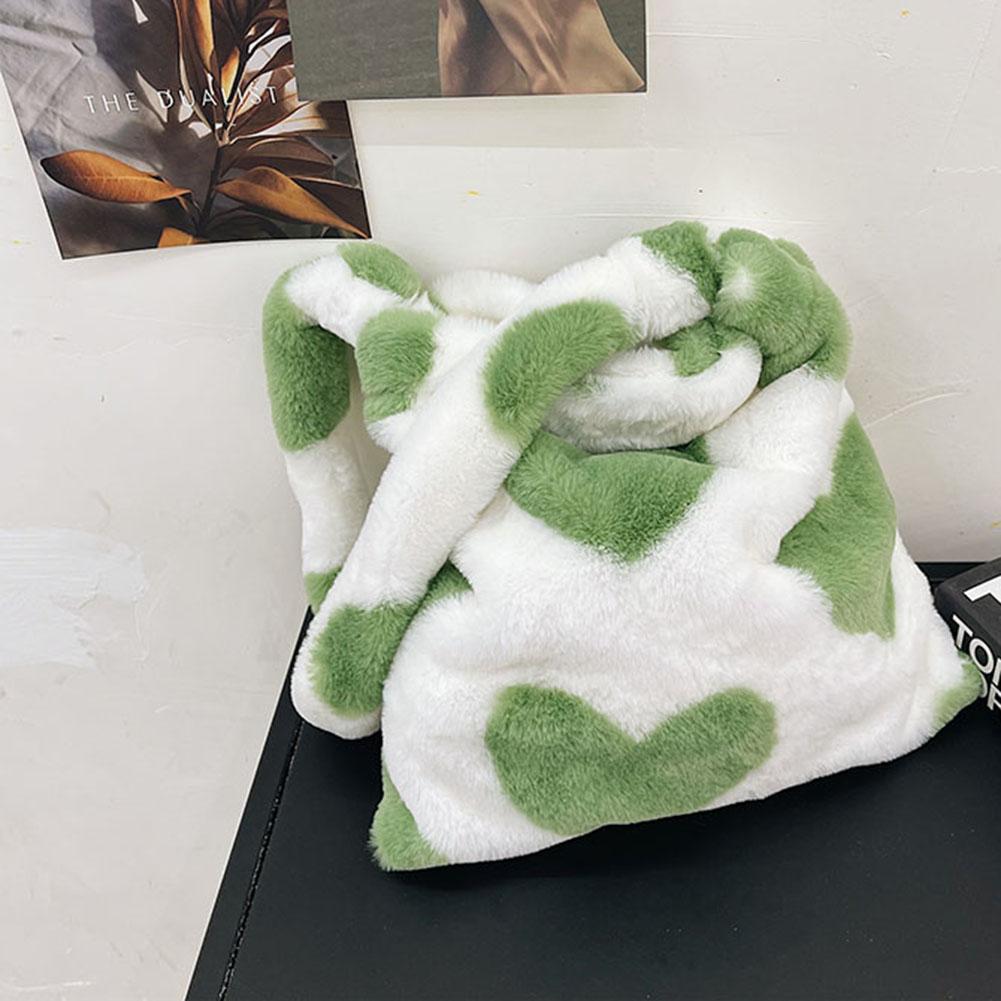 Female Fluffy Plush Heart Pattern Handbag Large Shoulder Bag (Green)