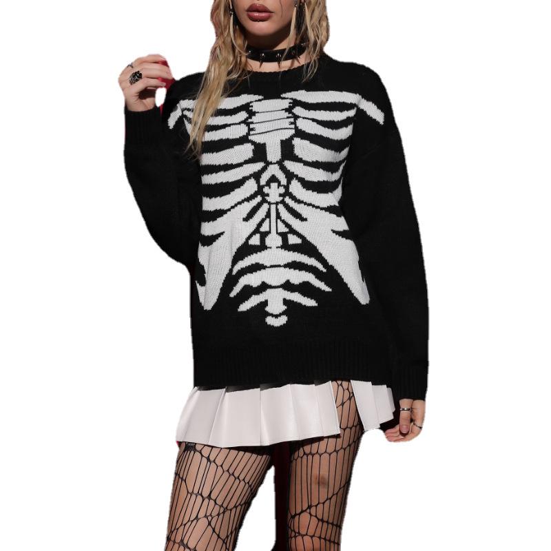 

Halloween Dark Style Skull Pullover: Women s Long Sleeve Round Neck Knitted Sweater M