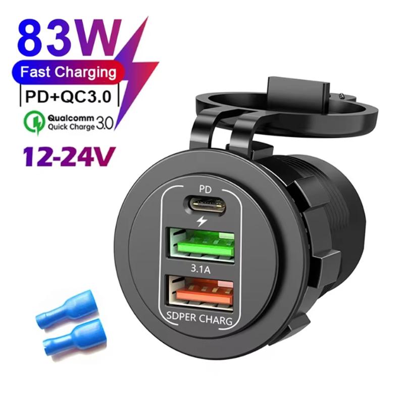 4-Ports 86W Car Charger PD Type C QC3.0 Fast Charging with Voltmeter Power Outlet Adapter Waterproof 12V/24V for Car Boat