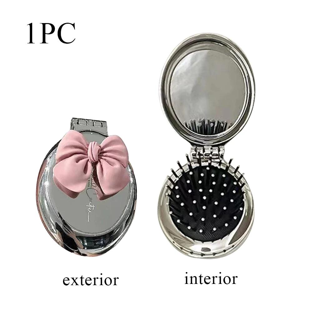 Portable Mini Silver Pocket Mirror Folding Comb Girl Women Round Small Travel Massage Hair Brush with Mirror Styling Accessories