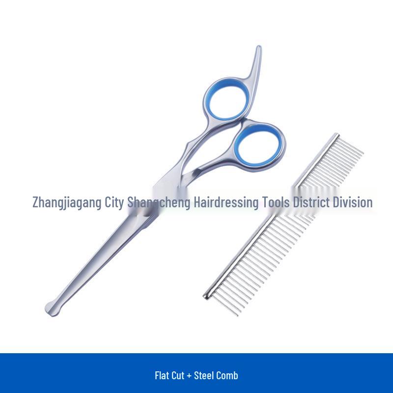 All-Steel Pet Grooming Scissors Set: Flat-Tooth & Curved Trimmers for Dog Hair Care.