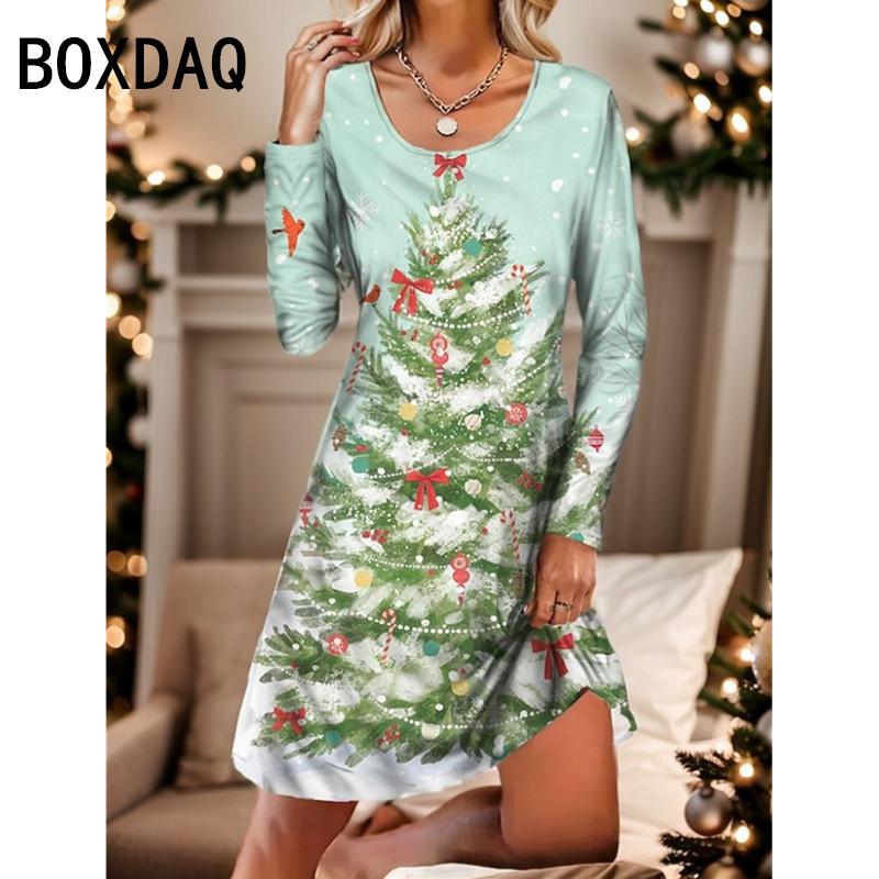 3D Colorful Christmas Tree Pattern Print Dress Women Winter New Year Full Dress Big Size Long Sleeve O-Neck Casual A-Line Dress