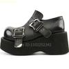 Fashion Black Thick-Soled Leather Shoes Women Round Toe Heightened Wedge Heels Belt Buckle Slip On Y2K Style Pumps Street Fashion Shoes