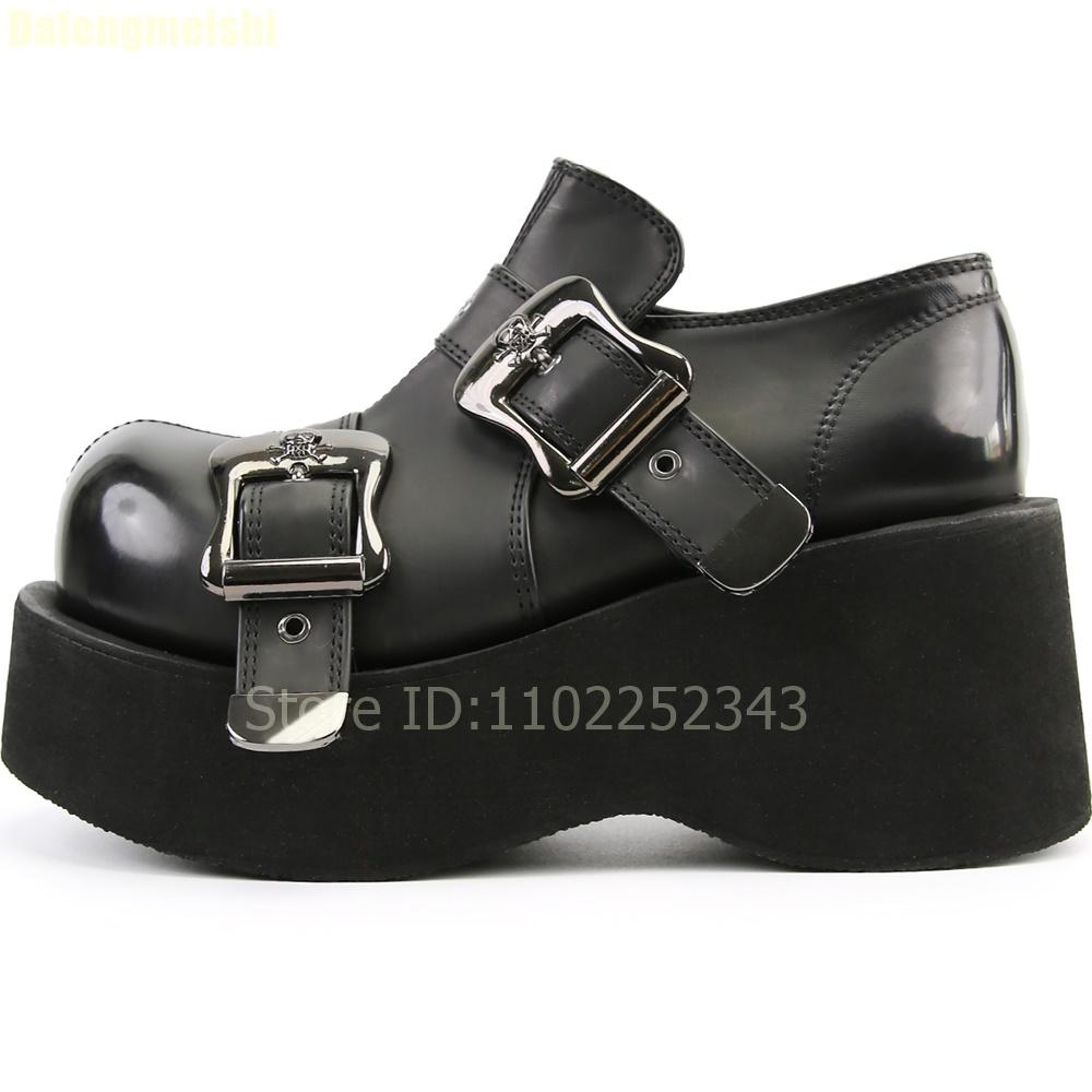 Fashion Black Thick-Soled Leather Shoes Women Round Toe Heightened Wedge Heels Belt Buckle Slip On Y2K Style Pumps Street Fashion Shoes