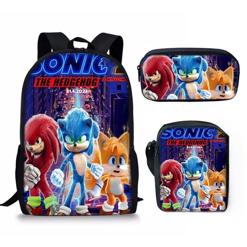 Sonic Sonic Primary School Bag Three-Piece Set, Animation Cartoon Backpack, Shoulder Bag Pencil Case