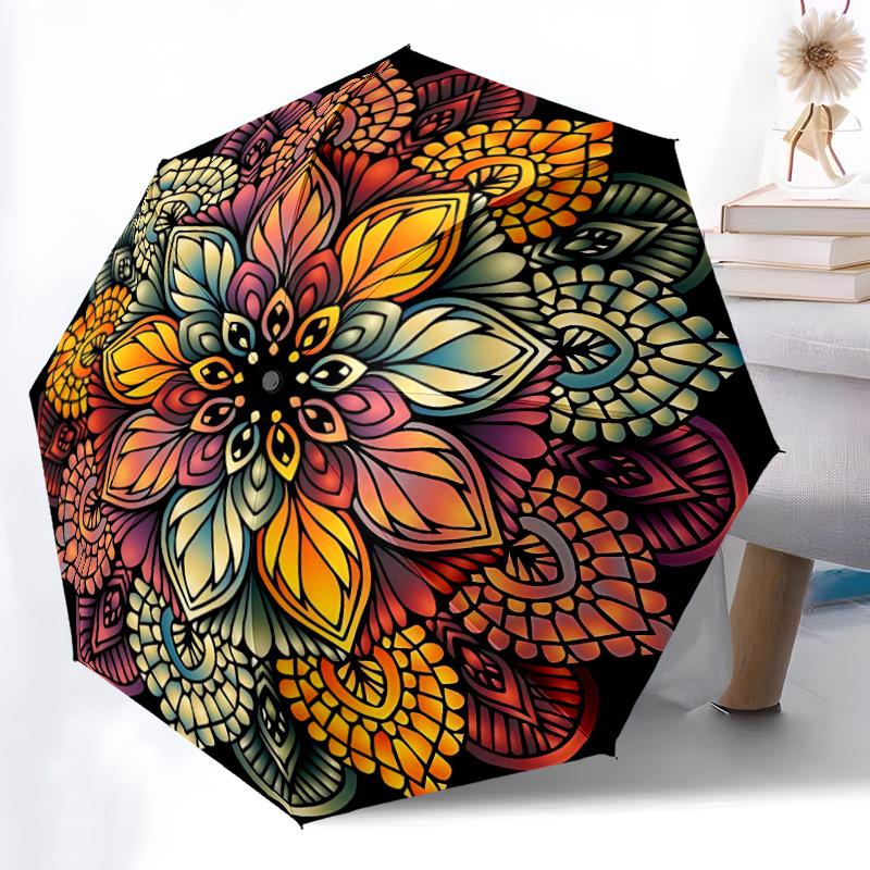 1pc Floral Mandala Automatic Folding Umbrella with 8 Bones, 3-Fold Compact Umbrella, Compact Design On-the-Go Essential, casual outdoor acce