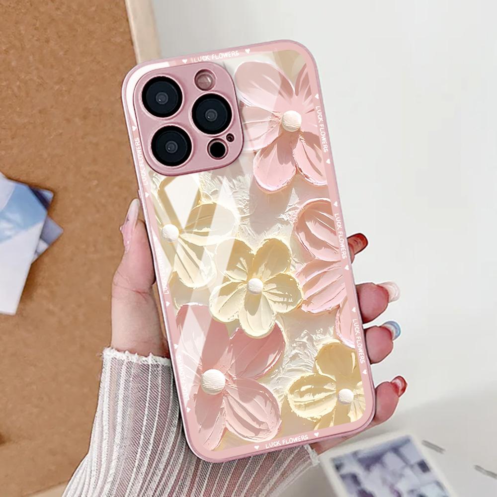 

Painting Flower Phone Case For iPhone 16 Pro 13 11 15 12 14 17 Pro Max Air 16e 8 7 Plus XR SE Silicone Tempered Glass Cover iPhone 15 Pro Max