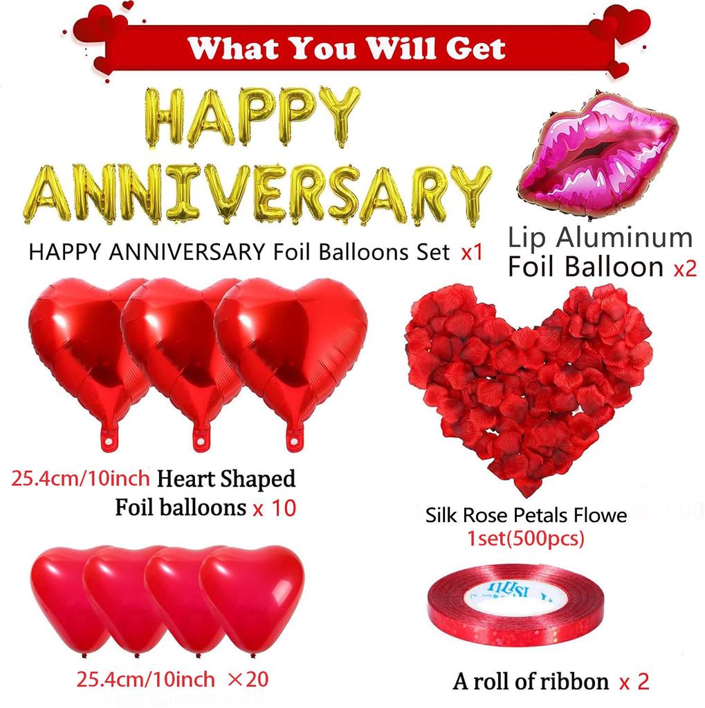 Happy Anniversary Balloon Set  Red Lips and Heart Aluminum Film Balloon Simulation Rose Petals for Valentine's Day Wedding