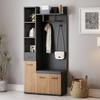 (N625P422190191Z)80*35*175cm Compact Wardrobes, Storage Cabinet with 2 Coat Hooks, Entryway Cabinet, Coat Stand with Shoe Bench, Black + Wood Color