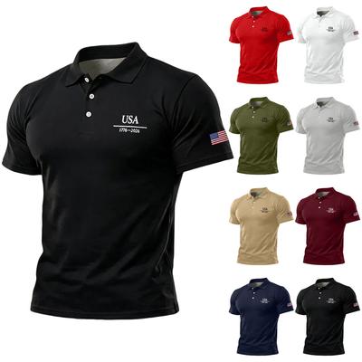 Mens Classic Fit Short Sleeve Polo Shirt with USA Letter Print and Sleeve Flag Embroidery Three Button Placket