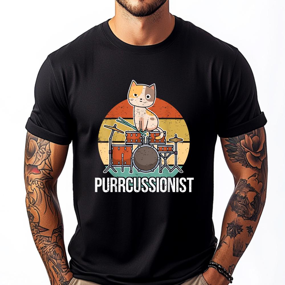 Funny Cat Drummer Purrcussionist Vintage Sunset T-shirt S