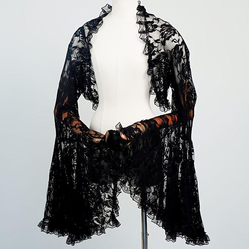 Gothic Floral Lace Shrug Long Flared Bell Sleeve Open Front Cropped Bolero Cardigan For Lolita Wedding Cosplay Photoshoot