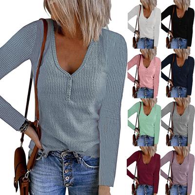2024 European And American Autumn/Winter New Solid Color V-Neck Long Sleeved T-Shirt Button Top For Women