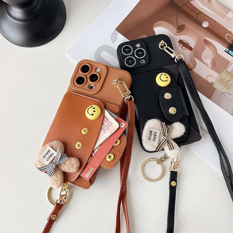Apple 17Promax Mobile Phone Case Is Suitable For Apple 16 Messenger Rope 15 Wallet Card Bag 13 Smiley Face Silicone Fine Hole Xr.
