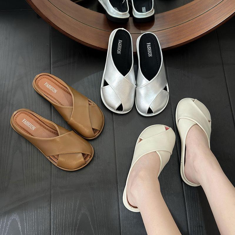 Baotou Half Slippers Women's Summer Wear 2025 New Thick-soled One-pedal Muller Shoes Flat-soled Sandals Lazy Sandals
