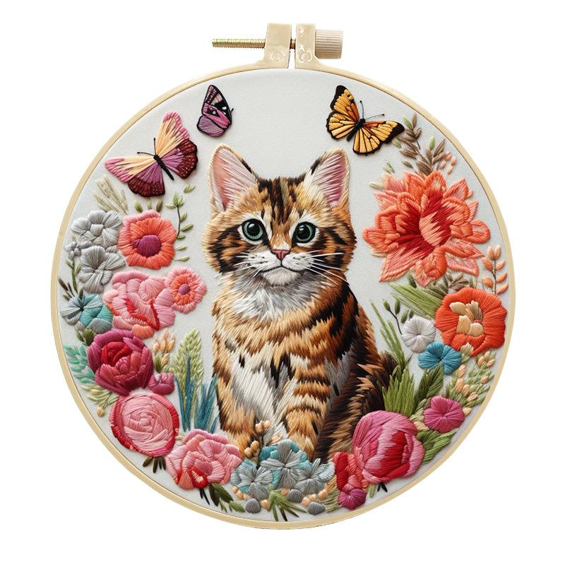 DIY Cat and Flower Embroidery Kit for Adults and Beginners Handmade Cross Stitch Kit Mixing Colors Fabric Materials