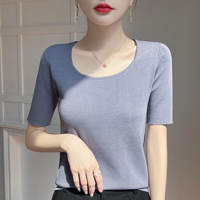 

2025 Women s Casual U-Neck Mid-Sleeve Summer T-shirt - Solid Color, Light and Fashionable L серый