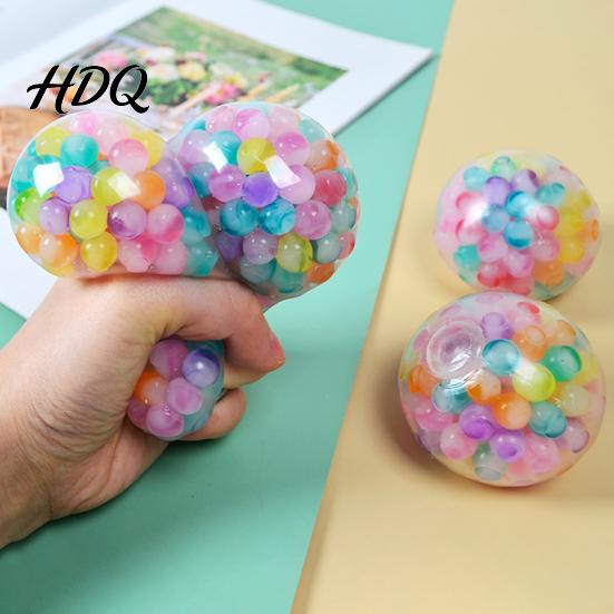 Soft Stress Ball Rainbow Bead with Glitter TPR Squeeze Toy for Sensory Fidget Anxiety Relief Colorful Kids Adults Fun Decompression Gadget