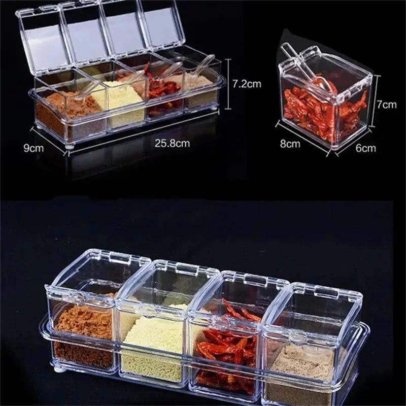 1 Set Four-Grid Kitchen Seasoning Box Set With Spoon Household Salt Sugar Spice Seasoning Tank Storage Box Kitchen Supplies